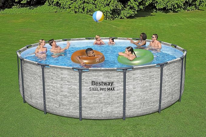 Bestway Steel Pro MAX Above Ground Swimming Pool Set (16' x 48") | Round Outdoor Backyard Family Pool Features Realistic Stone Pool Liner | Includes 1500gal Filter Pump, 48" Ladder and 16' Pool Cover