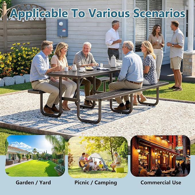 96" Heavy Duty Outdoor Picnic Table for 10, Galvanized Steel Frame with Umbrella Hole, 882LBS Capacity, Mesh Top – Picnic Camping Patio Garden Black
