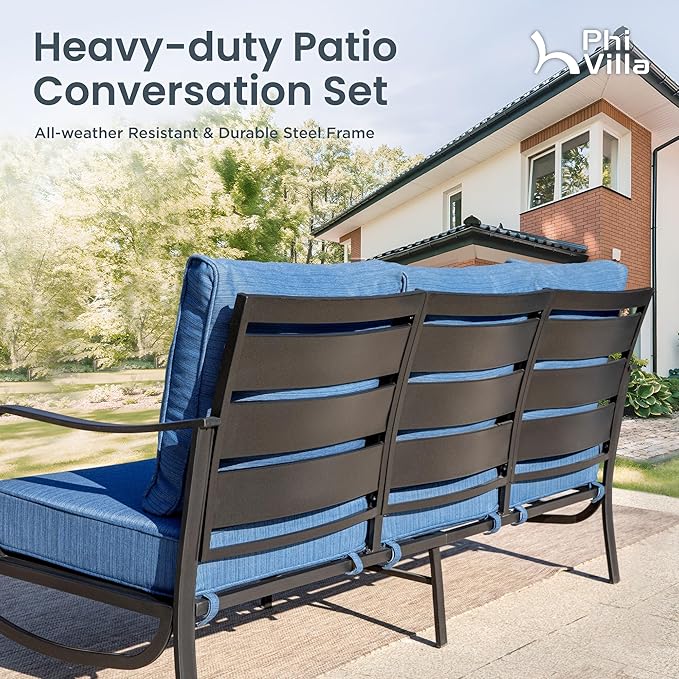 PHI VILLA 5 Piece Patio Furniture Set with 28" Firepit Table, 4 Outdoor 5.75" Cushioned Metal Frame Swivel Sofa Chairs & 28" Gas Firepit Table, Outside Furniture Set for Lawn Garden(Peacock Blue)