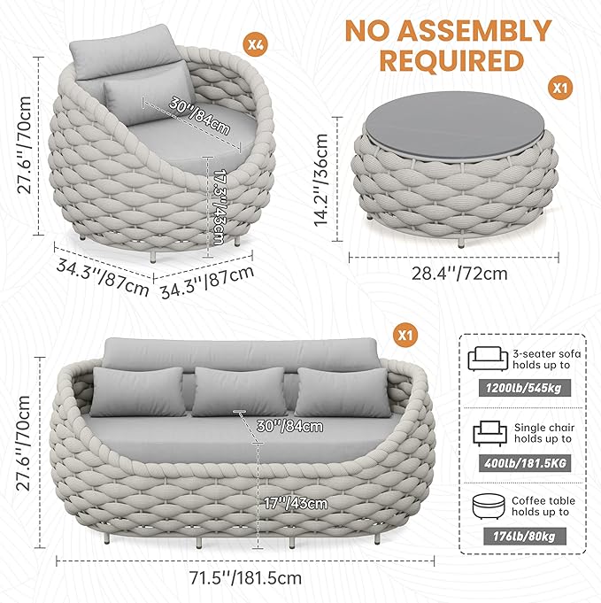 6 Pieces Deck Patio Furniture Set: Hand Woven Rope, Rusrproof Aluminum Frame, Weather Resistant, Thick Cushions, No Assembly, Comfy Outdoor Conversation Sofa Set for Porch Yard Lawn Hotel - Gray