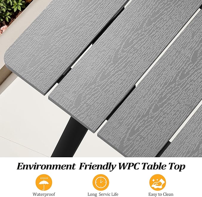 95" Patio Outdoor Dining Table for 8-10, Weather-Resistant Wood-Grain Top with Aluminum Frame & Umbrella Hole for Deck Gatherings, Grey