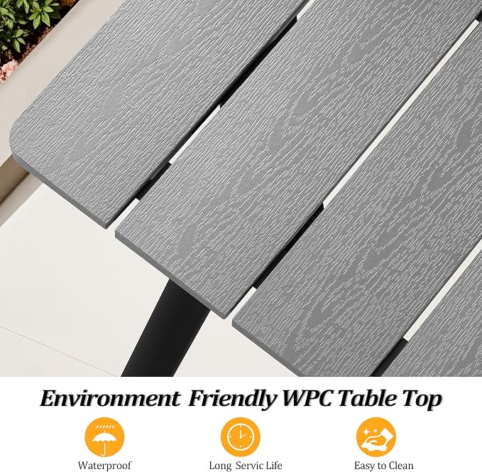 70" Patio Outdoor Dining Table for 6, Weather-Resistant Aluminum Frame with Wood-Grain Top & Umbrella Hole for Deck Gatherings, Gray