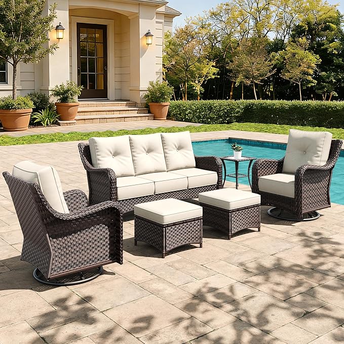 6 Pieces Outdoor Furniture Set with 6-inch Cushions, High Back Wicker Swivel Rocker Chairs with Coffee Table, Luxury Conversation Set for Deck Patio and Poolside