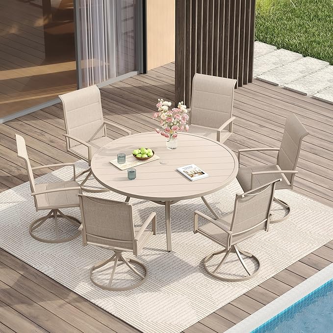 VICLLAX 7 Pieces Patio Dining Set for 6, All Weather Outdoor Furniture Set - 47.2" Round Patio Table and Swivel Padded Chairs, Sandshell Color Tabletop and Fabric
