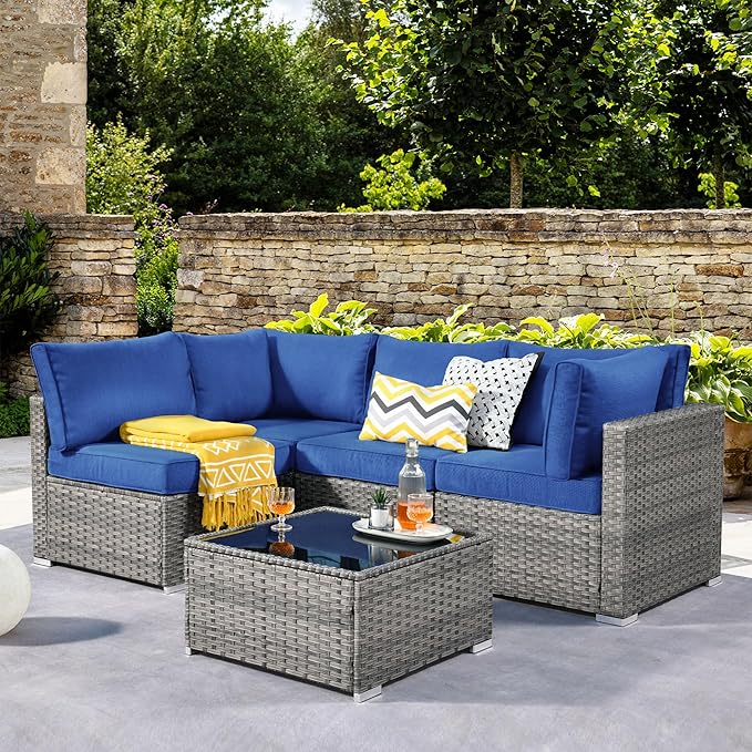 ovios Outdoor 5 Piece Coversation Set with Coffee Table,Sectional Patio Furniture Set with All-Weather Wicker Sofa,Modern Outside Couch for Balcony Backyard Pool, Navy Blue