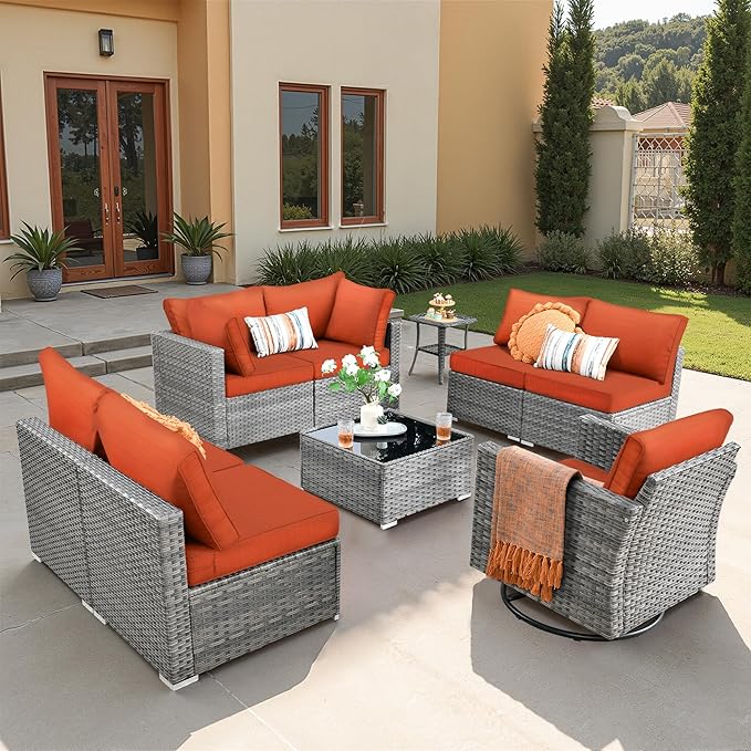 9 PCS Outdoor Patio Furniture Sets with Wicker Rocking Chair,Wicker Weather Resistant Patio Conversation Set with Comfy Cushions,Modular L Shaped Sofa with Coffee Table for Yard,Orange Red
