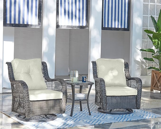 Manhattan Comfort Fruttuo 3-Piece Patio Conversation Set, Swivel Steel Rattan Chairs with Removable Cushions & Tempered Glass End Table, Weather-Resistant Outdoor Furniture for Backyard & Porch, Cream