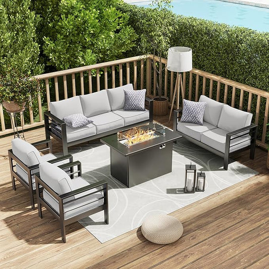 Amopatio Patio Furniture with Fire Pit, 8 Pcs Aluminum Outdoor Metal Patio Sofa Sets with Aluminum Fire Pit Table(Included Waterproof Covers)