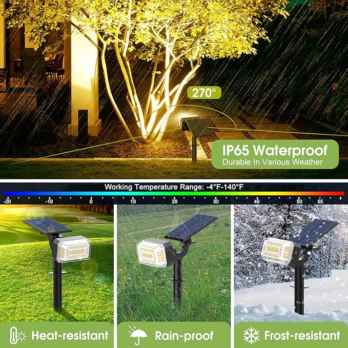 WENATY 102 LED Solar Spot Lights Outdoor Waterproof IP65, Adjustable Landscape Spotlights, [8 Pack/4 Modes] Auto On/Off Solar Powered Flood Lights for Outside Yard Garden Wall Pathway (Warm White)