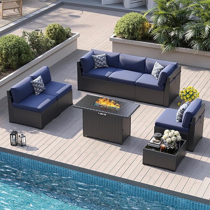 8 Piece Patio Furniture Set with 44” Fire Pit Table All-Weather Wicker Conversation Sectional Sofa & Coffee Table with Thickened Cushions for Backyard, Garden(Navy Blue)