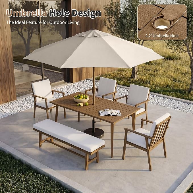6-Person Outdoor Table Set with Chairs & Bench, 6-Piece Outdoor Rectangular Dining Table with Umbrella Hole, Rust-Resistant Faux Wood Grain Patio Table Set for Garden Backyard Poolside, Teak