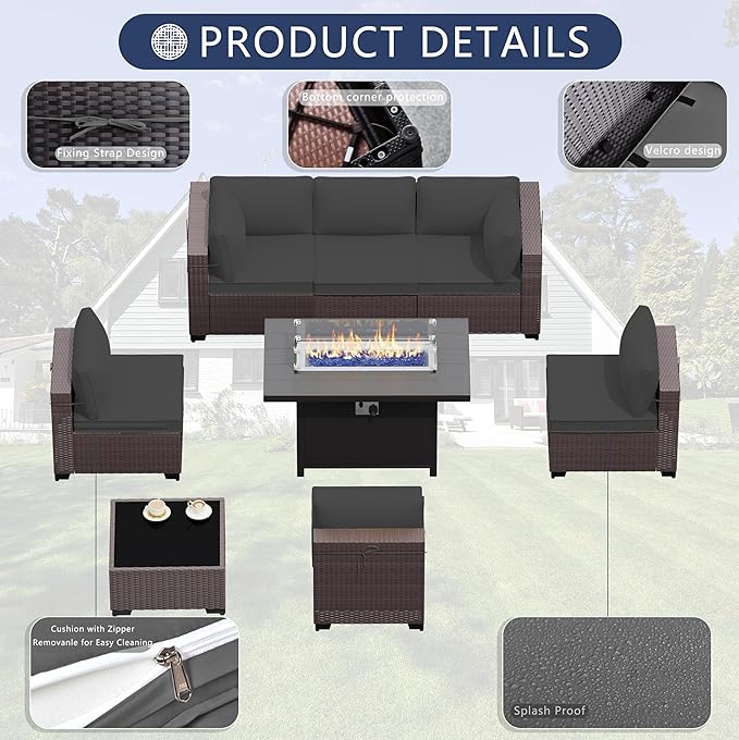 Outdoor Terrace Furniture Set, 8 Piece Outdoor Furniture Set, with 43 inch Aluminum 55000 BTU Propane fire Pit, PE Willow Vine Terrace Dialogue Set - Grey.