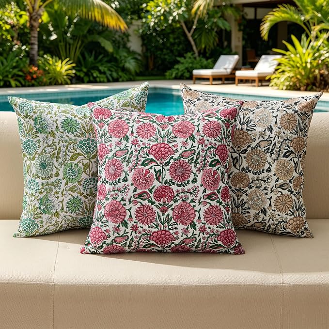 Allorry Outdoor Waterproof Pillow Covers 20x20 Brown Floral Outdoor Decor | Set of 2 Vintage Floral Block Print Pillow Cover,Farmhouse Boho Decorative for Spring Summer Outdoor Sofa Bedroom Decor