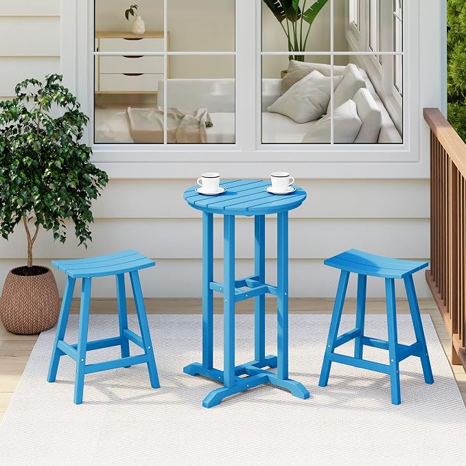 Costaelm Outdoor Bar Table, 37" Counter Height Round Patio Cocktail Bar Table, Patio Bar Table 3-Pieces Set Bistro Dining Table Pub Table for Deck, Backyard, Garden, Pacific Blue