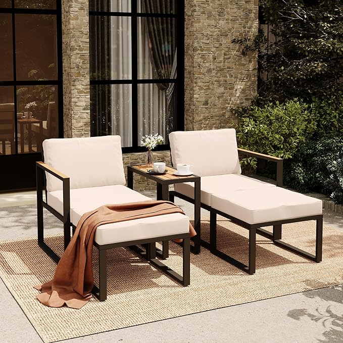 LAUSAINT HOME 5 Pieces Outdoor Conversation Set, Metal Patio Chairs with Thick Cushions 2 Ottomans&Side Table for Backyard, Poolside, Porch, Balcony (Beige)