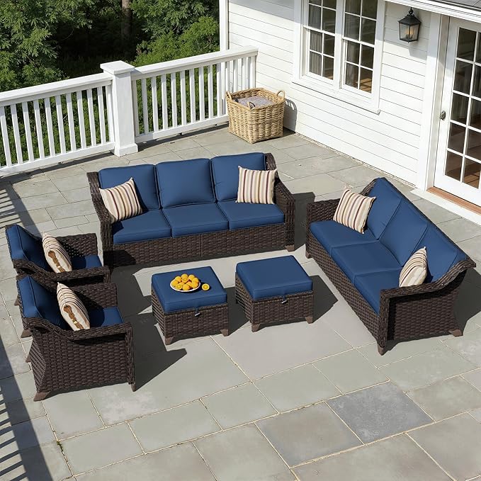 6 Pieces Patio Conversation Furniture Set - 2 Sofas, 2 Armchairs, 2 Ottomans, Outdoor Wicker Furniture with Removable Cushions for Porch, Balcony, Sunroom (Blue)