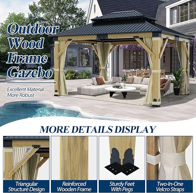 COVERONICS 11FT x 13FT Outdoor Wood Gazebo - Patio Wooden Gazebo with Galvanized Steel Hardtop, Heavy-Duty Double Roof Gazebos with Netting & Curtains for Garden, Poolside, Deck, Backyard