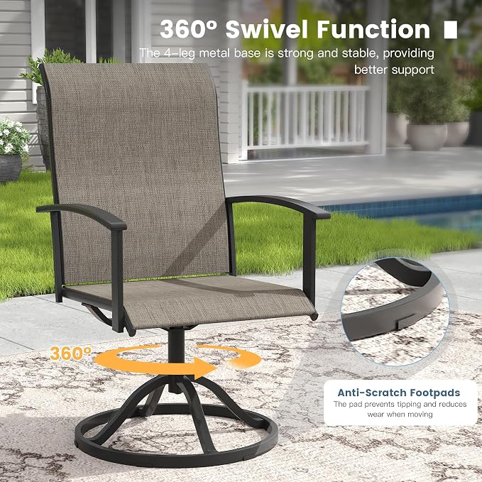 DIFY 5 Pieces Outdoor Dining Set, Metal Patio Table and Chairs Set for 4 with Umbrella Hole, 37.8" Walnut Square Table and Brown Textilene Swivel Patio Chairs for Garden, Backyard, Poolside