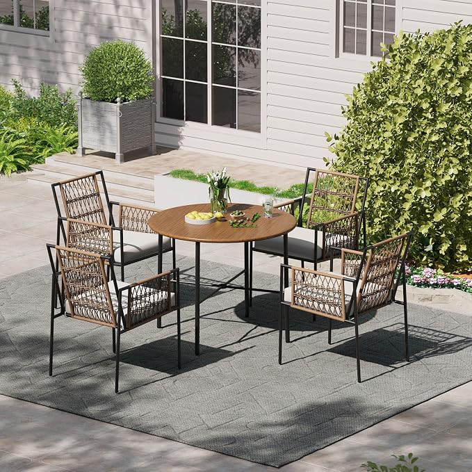 LAUSAINT HOME 5 Piece Outdoor Patio Dining Set, PE Rattan Patio Furniture Set with 4 Cushioned Armchairs & 1 Round Dining Table with Umbrella Hole, Steel Frame for Backyard, Porch, Poolside, Beige