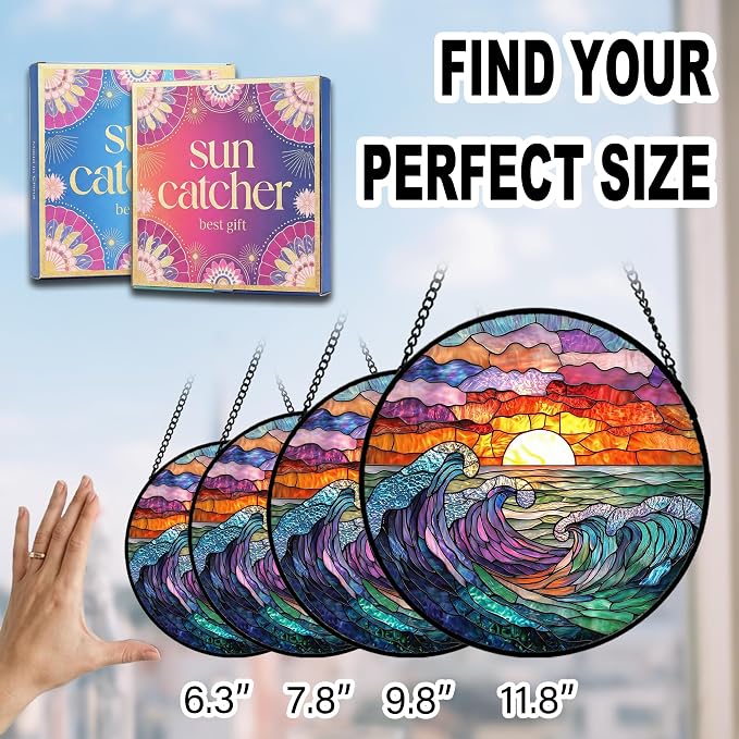 Beach Gifts for Mom - Sunrise Waves Faux Stained Glass Window Hanging Sun Catcher for Door Garden Acrylic Decor Mother's Day Birthday Stocking Stuffer Gift for Women Nana Friend Men Grandma 7.8"