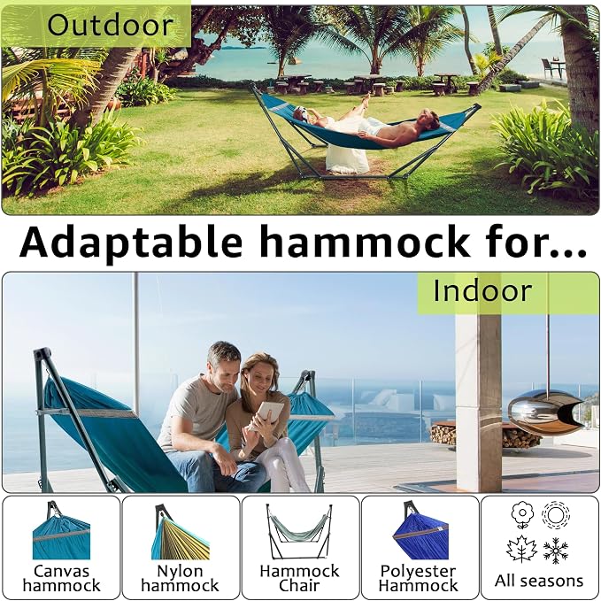 Tranquillo Ultimate Relaxation Portable Hammock Stand with Cotton Canvas Net, Spreader Bar, Quick Fold Unfold in 30 Seconds Steel Frame Hammock 600 lbs Capacity Outdoor, Blue