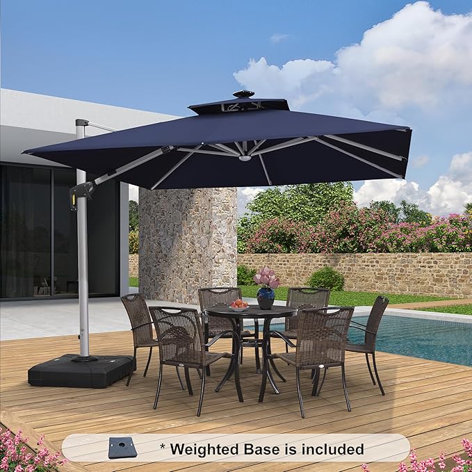 PURPLE LEAF 10 Feet Solar Powered LED Square Cantilever Umbrella With Base Patio Umbrellas Windproof Hanging Umbrella Outdoor Offset Umbrellas, Navy Blue