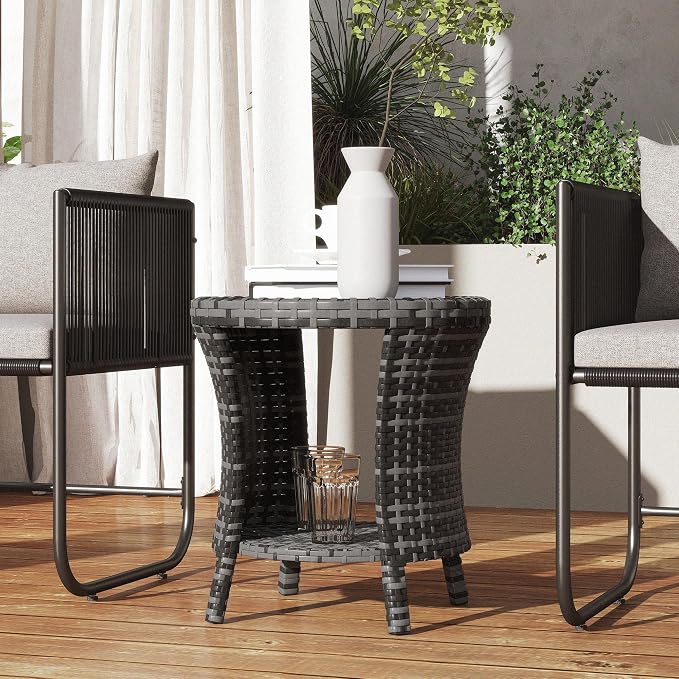 Outsunny 18" Outdoor Wicker Coffee Table, 2-Tier Patio Side Table with Storage, PE Rattan End Table with Composite Wood Top, Steel Frame for Garden Backyard Balcony, Gray