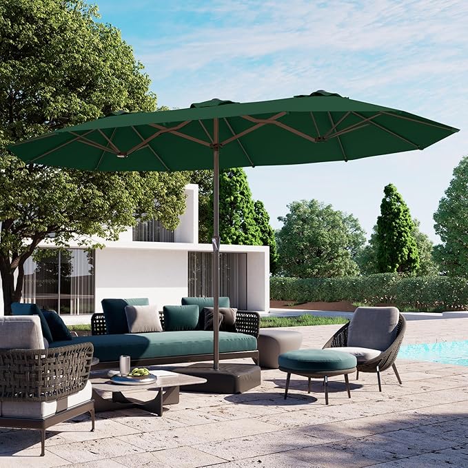 PatioKingdom 15FT Large Patio Umbrella with Base, Double Sided Rectangular Outdoor Umbrella with Sturdy Fiberglass Ribs, Market Umbrella for Pool,Garden,Backyard,Deck (Dark green, 15FT)