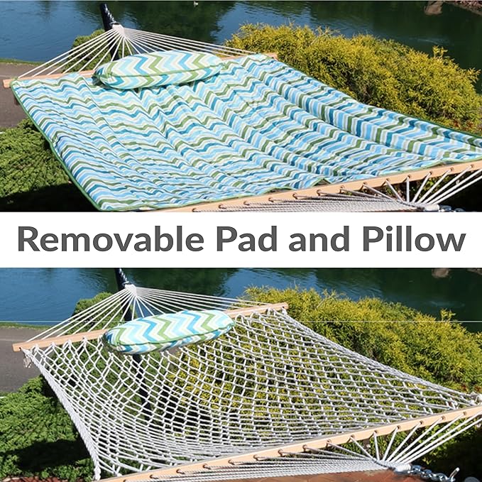 Sunnydaze Rope Hammock with Stand for Outside- 275-Pound Capacity - Includes 12-Foot Hammock Stand, Spreader Bar, Pad, and Pillow - Blue and Green Chevron