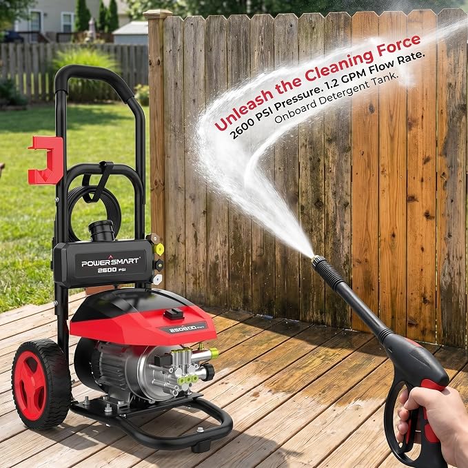 PowerSmart 3000 Max PSI Electric Pressure Washer with Induction Brushless Motor, 1.2 GPM High Pressure Cleaner, 5 Nozzles, 8” Wheels, Detergent Tank, for Car, Patio, Fence, Driveway Cleaning