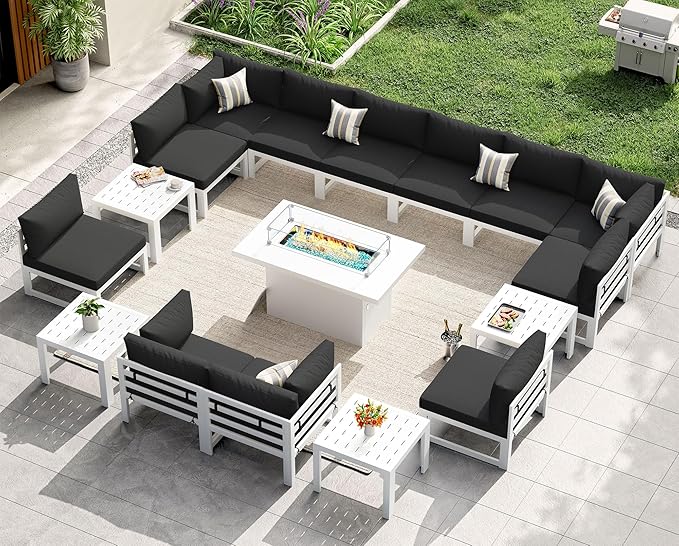 NICESOUL 12 Seat Large Modern Aluminum Patio Conversation Set, 29" Deep Wide Sectional Seating with Fire Pit Table, 500 lbs Heavy Duty All Weather Outdoor Sofa with Side Table for Backyard Deck, Black