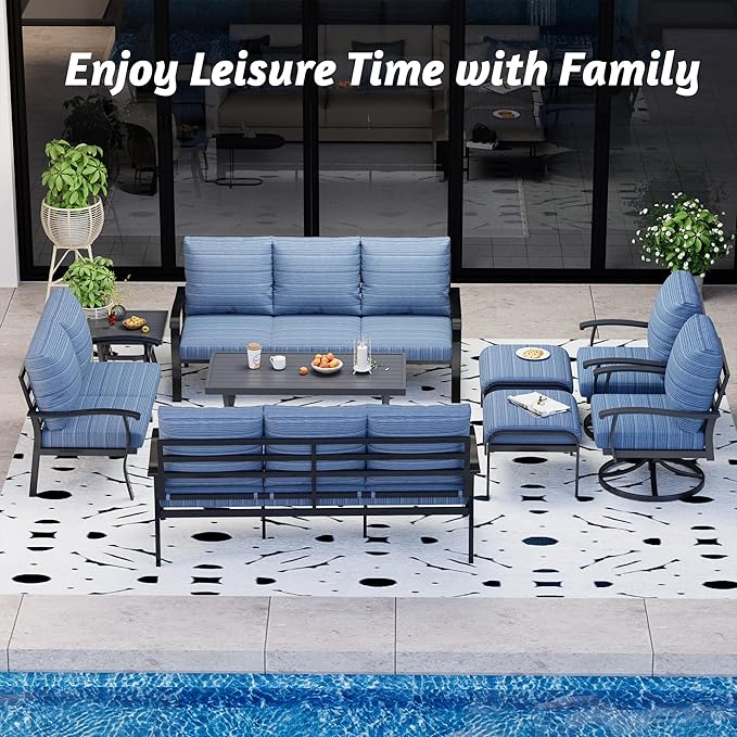 HOMREST 9 PCS Outdoor Patio Furniture Set with 2 Swivel Rocking Chairs and Metal Coffee Side Table, Patio Conversation Set with 2 Ottomans and 2 3-Seat Sofas, Loveseat for Big Garden, Deck, Poolside
