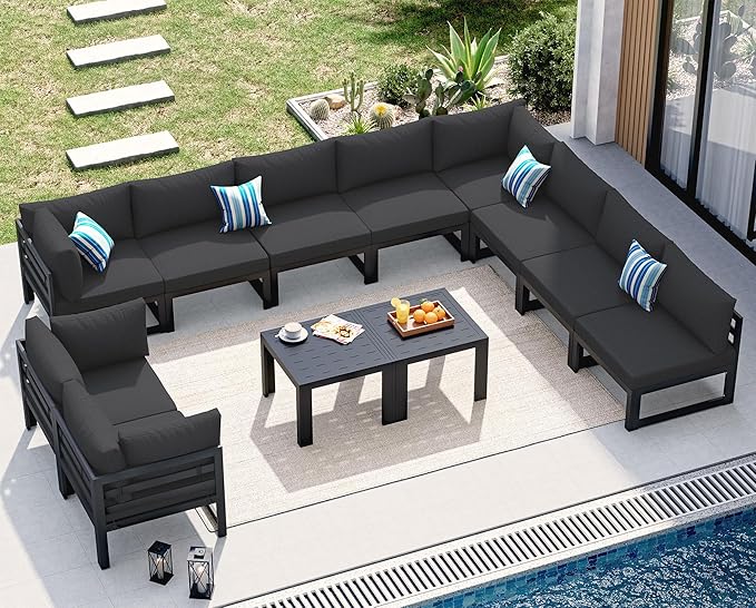 NICESOUL 12 Piece Extra Large Contemporary Aluminum Outdoor Furniture Set with End Table 29" Deep Wide Couch Set, 500 lbs High Weight Capacity Modular Patio Sectional Sofa for Poolside Deck, Black