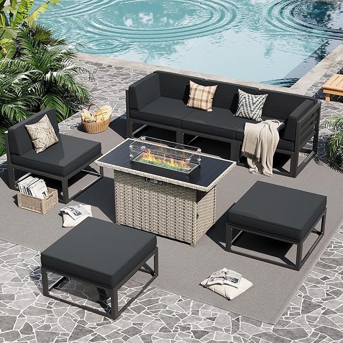 UDPATIO Aluminum Patio Furniture Set with Fire Pit Table, Modular Oversized Outdoor Sectional of Olefin 5 inch Cushion, Coffee Table and Waterproof Cover, Patio Conversation Sets for Porch, Deck