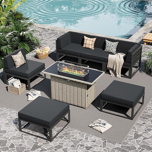 UDPATIO Aluminum Patio Furniture Set with Fire Pit Table, Modular Oversized Outdoor Sectional of Olefin 5 inch Cushion, Coffee Table and Waterproof Cover, Patio Conversation Sets for Porch, Deck