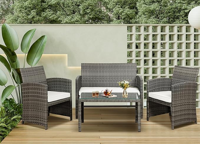 SUNLEI 4 Piece Outdoor Patio Furniture Set, Rattan Chair Wicker Conversation Set, Backyard Porch Garden Poolside Gray Rattan Sofa Chair with Cushion for Outdoor Indoor Use (White)