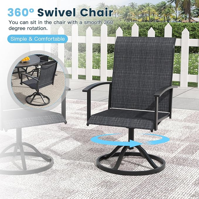 3 Pieces Outdoor Patio Dining Bar Set, 27.6" All Weather Square Metal Slatted Table with Storage Shelf and 2 High Back Textilene Swivel Chairs for Garden, Lawn, Black
