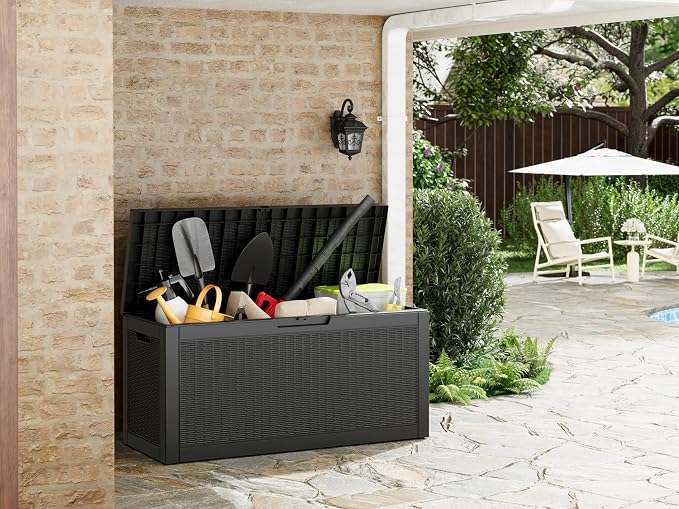 Outdoor Storage Box, 60 Gallon Resin Deck Boxes Outdoor Waterproof For Patio Furniture, Garden Tools, Pool Supplies, Lockable And UV Resistant (Rattan Black)