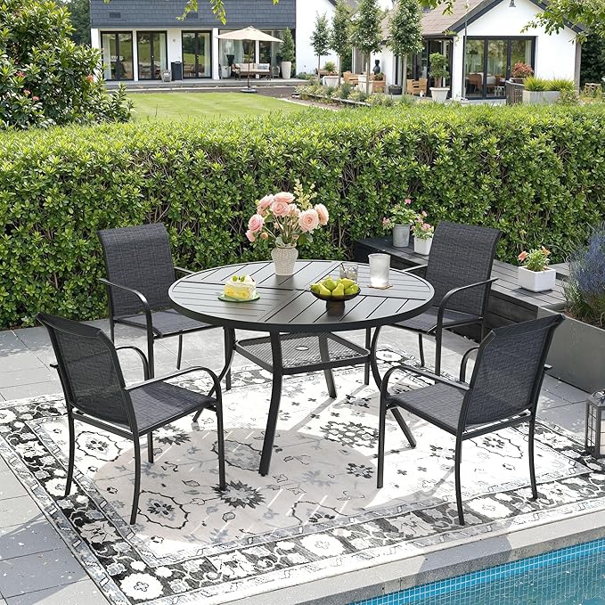 DIFY 5 Pieces Outdoor Patio Dining Set for 4, 40.6" Black Round Metal Dining Table and 4 Grey Stackable Sling Dining Chairs, Outdoor Table and Chairs for Lawn Garden Backyard Deck