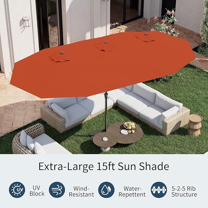PatioKingdom 15FT Large Patio Umbrella with Base, Double Sided Rectangular Outdoor Umbrella with Sturdy Fiberglass Ribs, Market Umbrella for Pool,Garden,Backyard,Deck (Orange, 15FT)