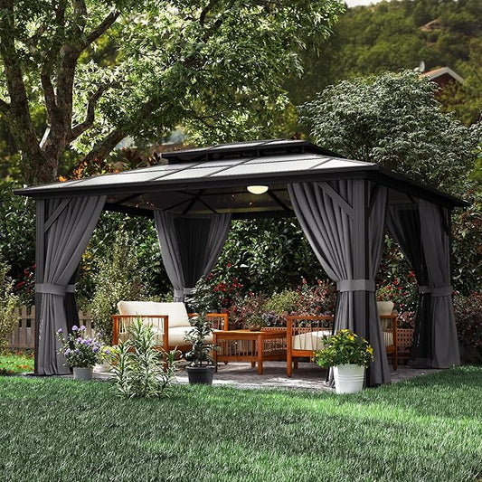12’x14’ Hardtop Gazebo with Double Polycarbonate Roof Outdoor Metal Gazebo Sturdy Aluminum Frame & Removable Curtains, Netting Permanent Pavilion Pergola for Garden,Patio,Lawn (Gray)