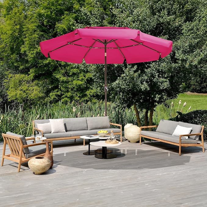 JEAREY 3 Tiers 9 FT Patio Umbrellas Outdoor Table Umbrella with Push Button Market Umbrella 8 Sturdy Ribs UV Protection Waterproof for Garden,Pink