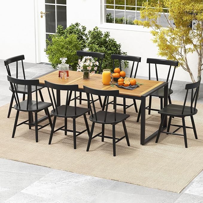 HAPPYGRILL 8-Person Outdoor Acacia Wood Dining Table, 79" x 35.5" Rectangular Patio Dining Table with 2" Umbrella Hole and Sturdy Metal Frame, Outdoor Patio Table for Garden, Deck and Backyard