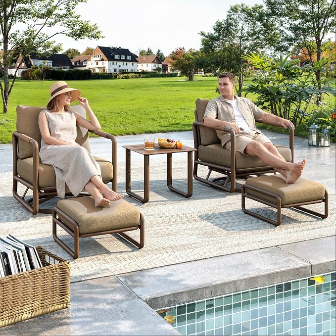 5-Piece Aluminum Outdoor Swivel Rocker Set with Ottomans, 6.5" Thick Cushions & 380LBS Capacity, Side Table Included for Porch, Backyard