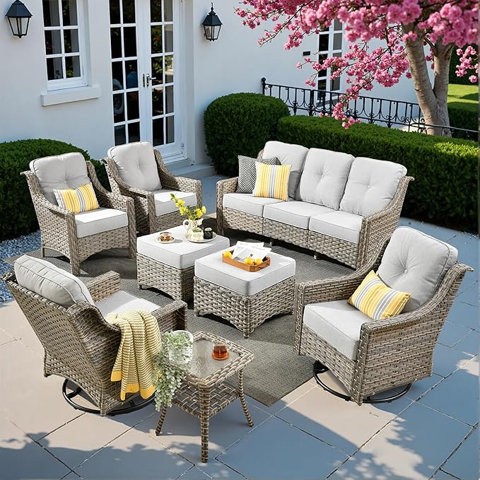 8 PCS Outdoor Patio Furniture Sets,Patio Conversation Sets Outside Rattan Soft Cushion Sofa with 2 Wicker Rocking Chairs Soft Cushion Fit Backyard Porch Garden Poolside Balcony,Light Grey