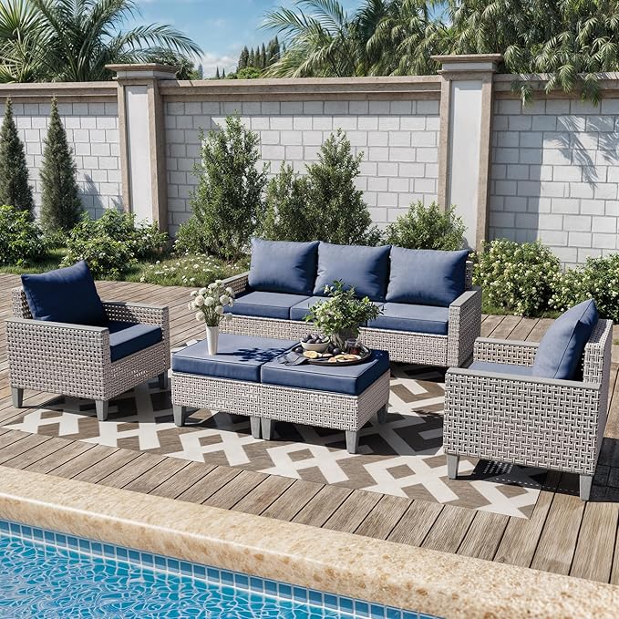 7 Pieces Patio Furniture Set with Ottomans, Modern Outdoor Sectional Sofa with Comfy Cushions, Modular Wicker Rattan Patio Conversation Set for Garden Poolside Deck, Navy