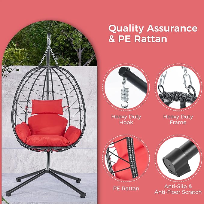 Hanging Egg Chair with Stand, Comfy Indoor/Outdoor Rattan Swing Hammock Chairs, 350lbs Capacity for Patio, Bedroom, Garden (Red)