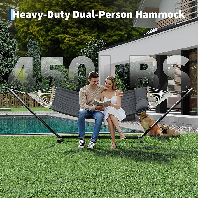 2 Person Outdoor Hammock with Stand, 450LBS Capacity, Heavy Duty Hammock with Carrying Bag & Soft Pillow, Portable Indoor Outdoor Hammock, Perfect for Backyard Patio Beach