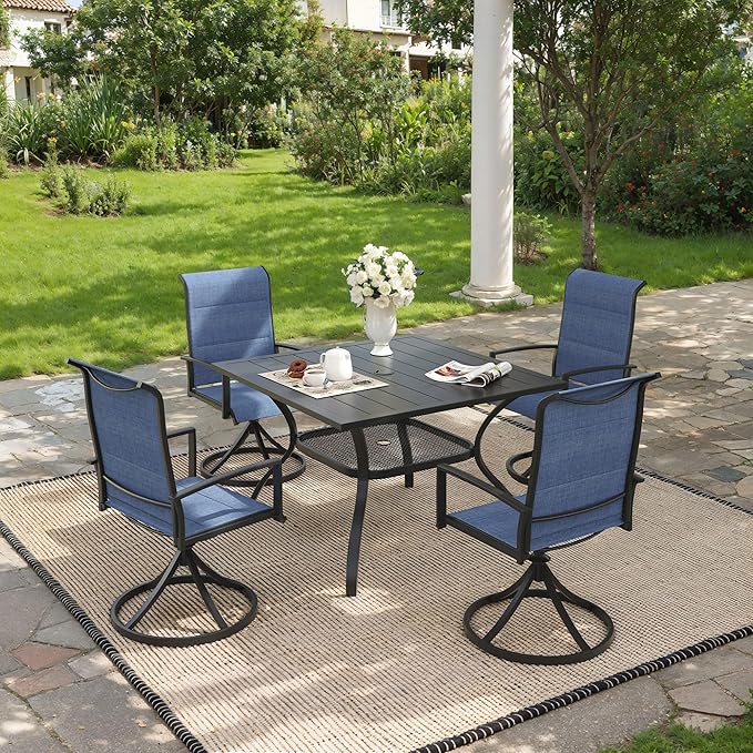 VICLLAX 5 Pieces Outdoor Dining Set, Patio Furniture Set Includes 38" Square Metal Table W/ 1.9" Umbrella Hole and 4 Padded Textilene Swivel Chairs for Porch, Lawn, Garden, Backyard