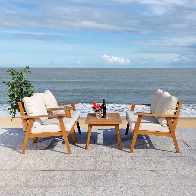 SAFAVIEH PAT7305E-2BX Collection Castalia Acacia Wood Cushion 4-Piece Conversation Patio Outdoor Living Set, Natural/Light Grey